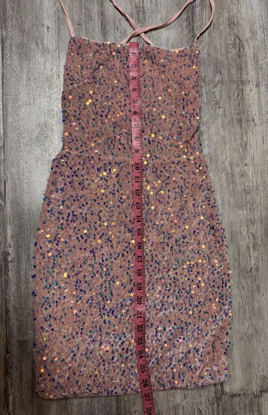 XS Barbiecore Pink Iridescent Sequin Bodycon Mini Dress Lace Up - Picture 10 of 12